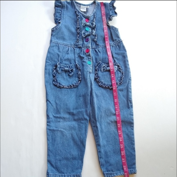 VINTAGE girls 3t denim ruffles & bows pinafore overalls romper - Picture 4 of 6